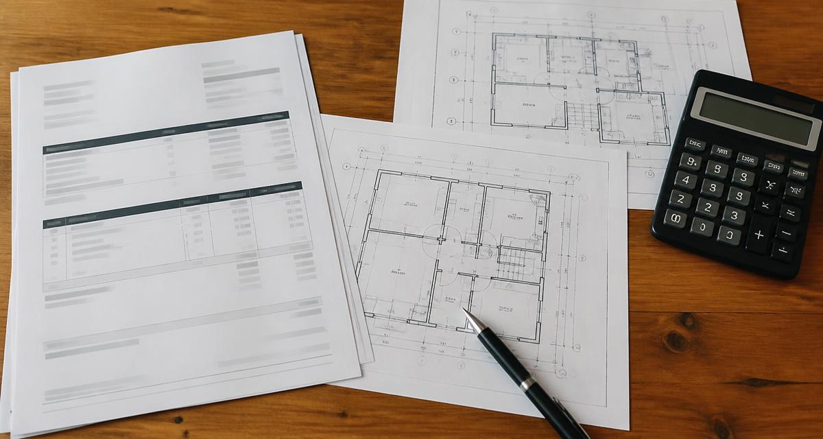Devis de construction et plans d'architecte posés sur une table avec une calculatrice