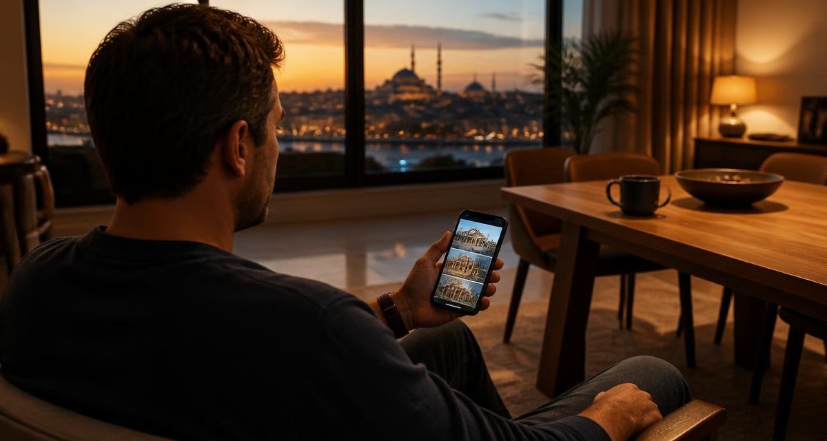 Personne consultant des photos de chantier sur un téléphone depuis l'étranger
