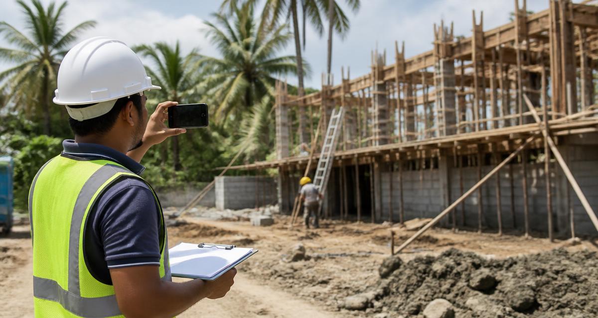 Responsable de chantier photographiant l'avancement des travaux avec son téléphone
